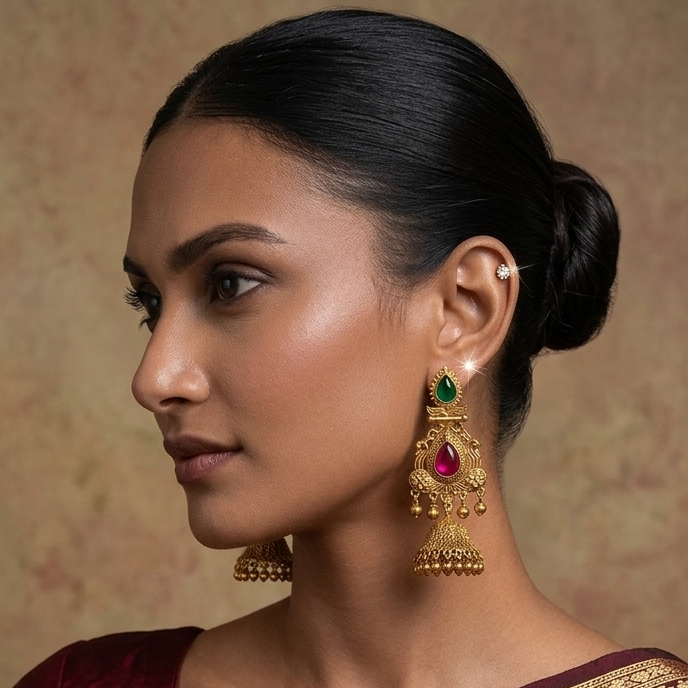 Woman wearing a maroon saree with gold border and jewelry against a neutral background