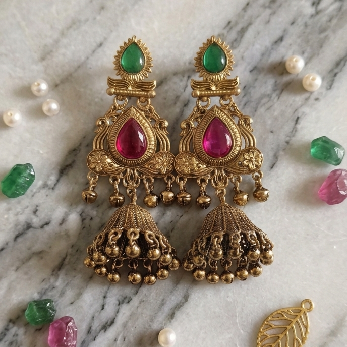 Ornate gold earrings with red and green gemstones on a marble surface.