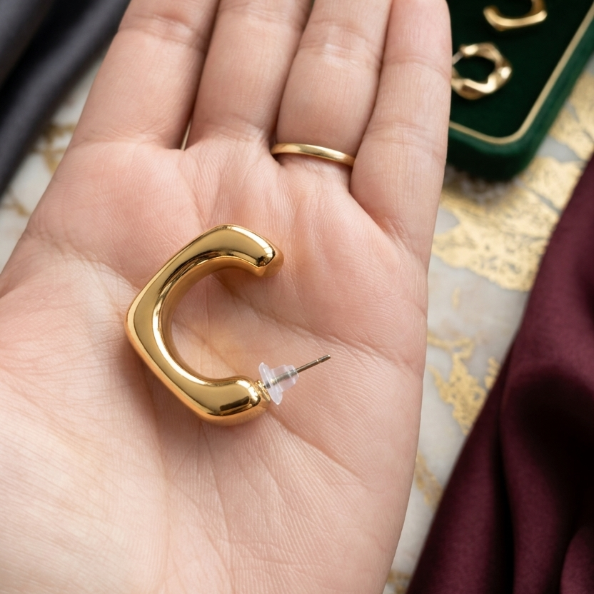 Gold hoop earring held in a hand with a jewelry box in the background
