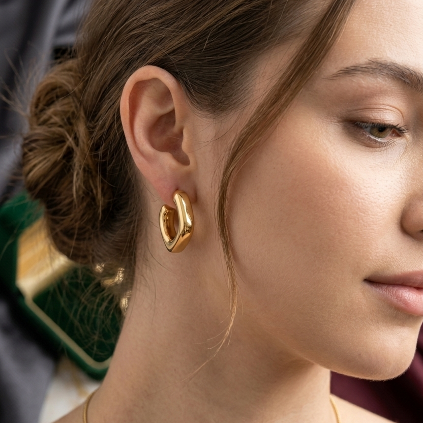 Close-up of a woman wearing gold hoop earrings and a necklace.