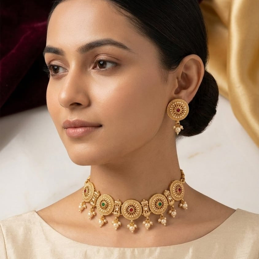 Woman wearing a gold necklace and earrings on a neutral background