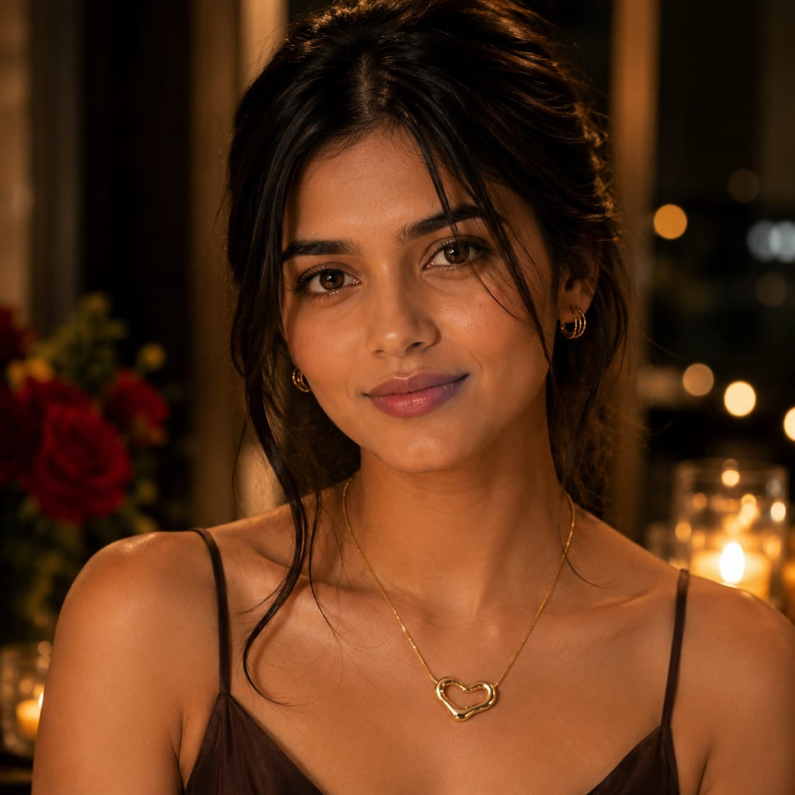 Woman wearing a brown dress with a heart-shaped necklace in a warm, blurred indoor setting