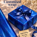 Blue gift box with a bow, blue wrapping paper, and a card saying 'Happy birthday my wifey' on a light background.