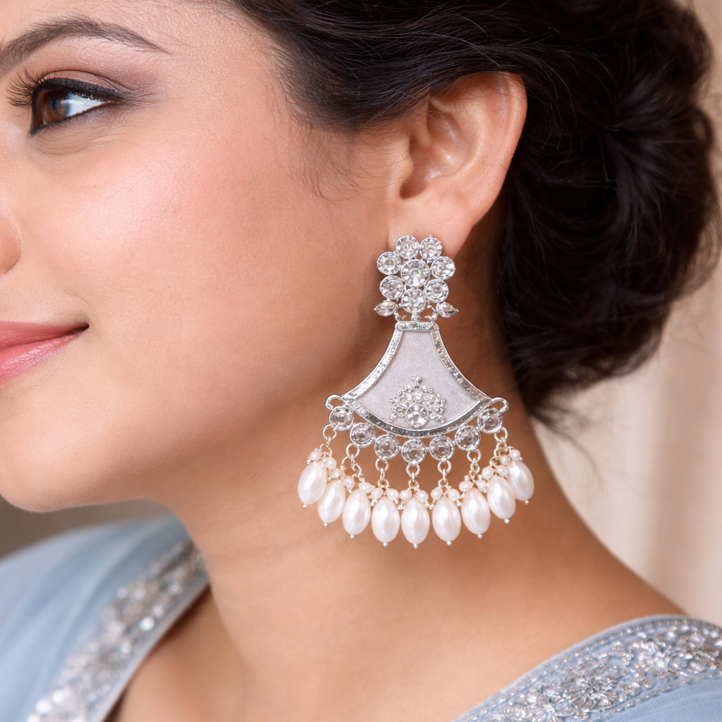 Close-up of a woman wearing a decorative earring with pearls.
